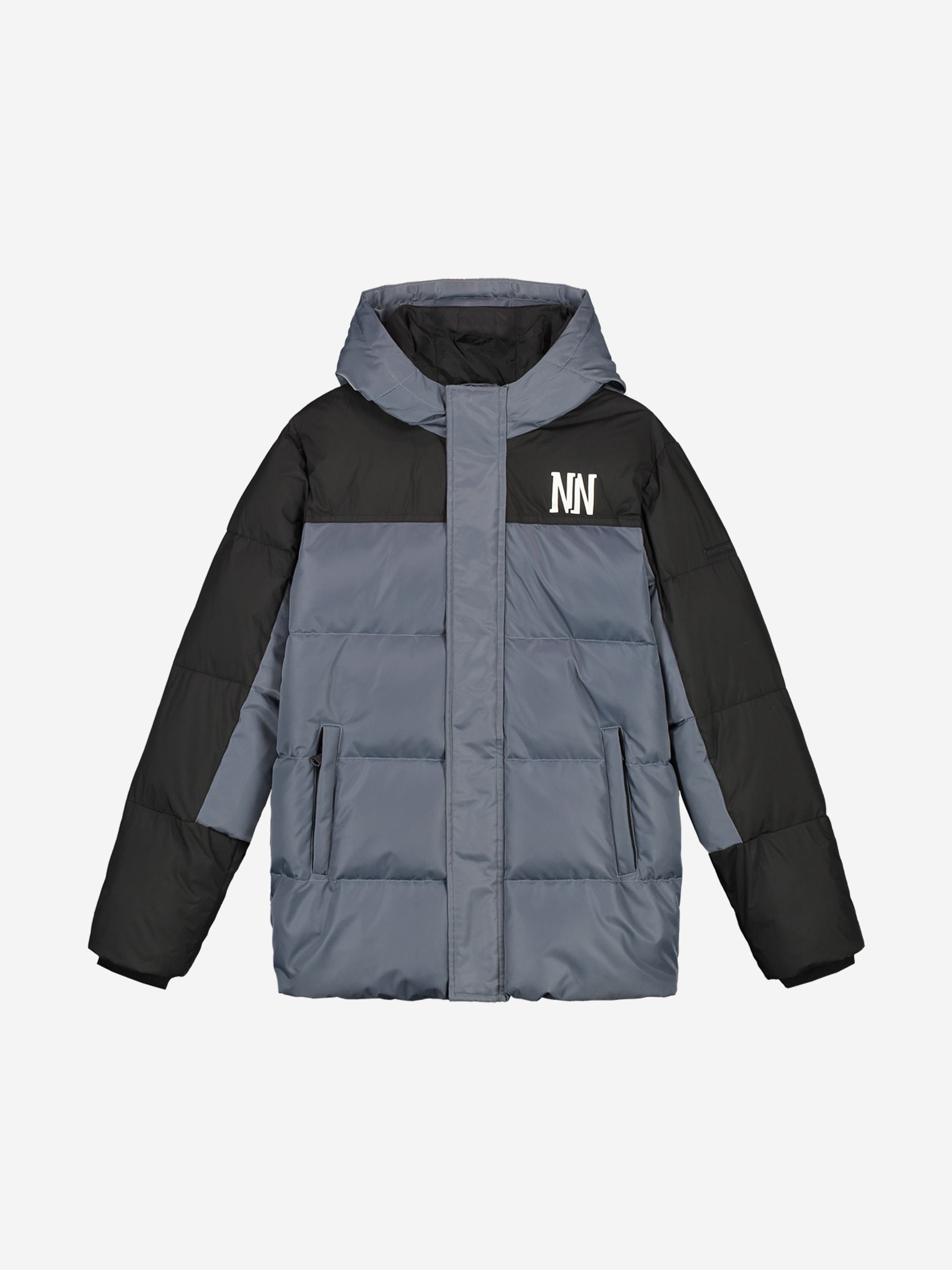 Puffer jack met capuchon en logo