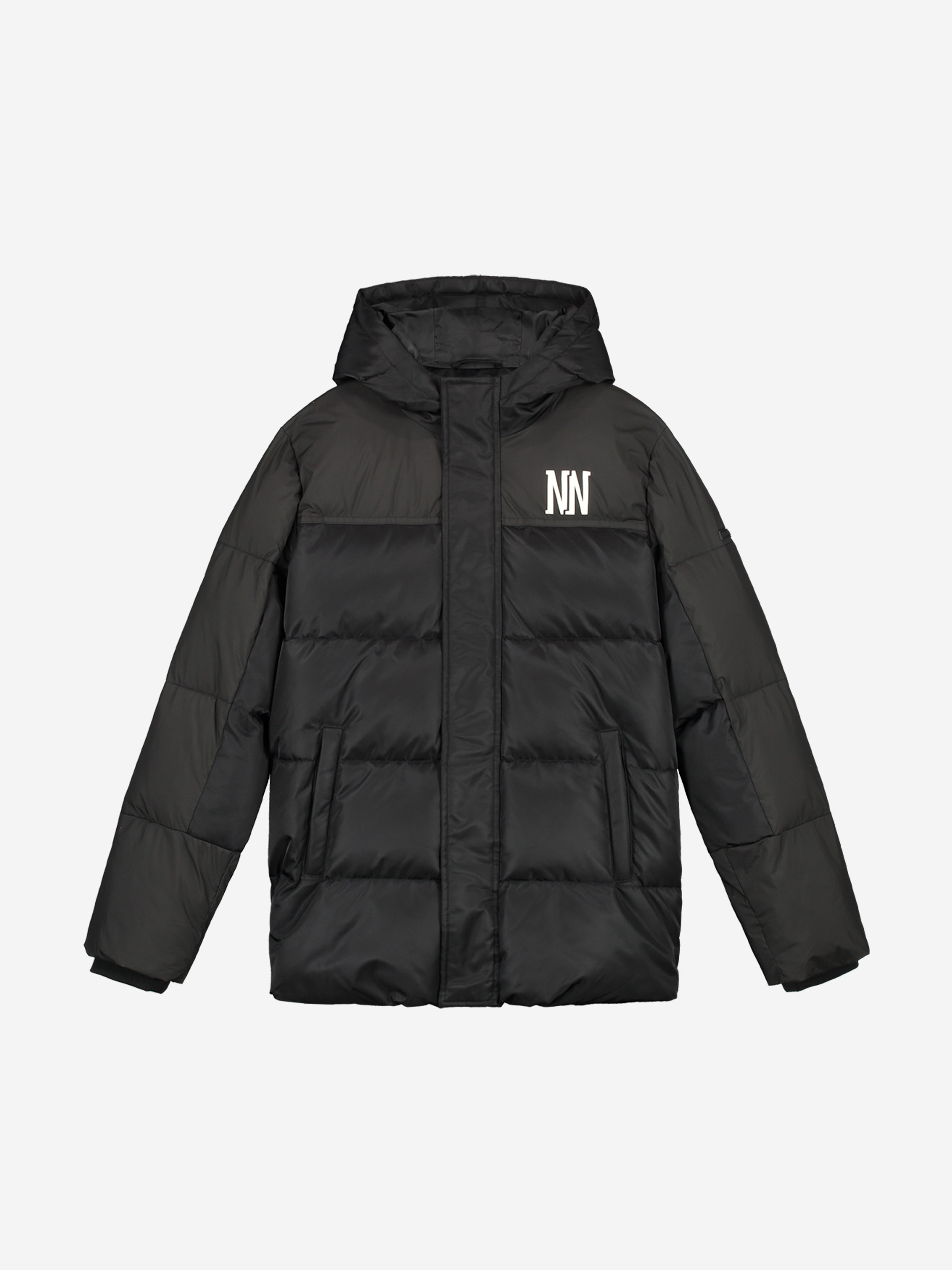 Puffer jack met capuchon en logo